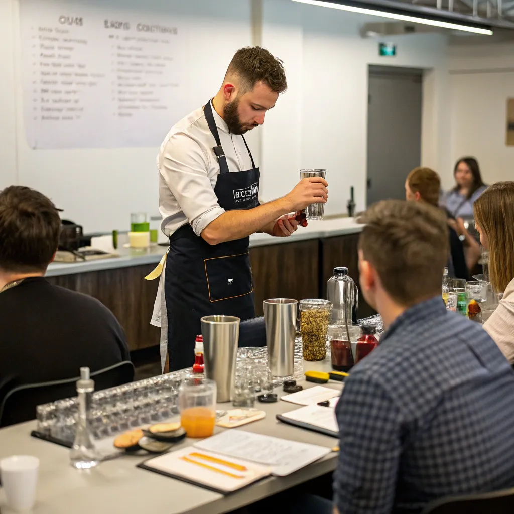 An instructor demonstrating beverage preparation at a workshop