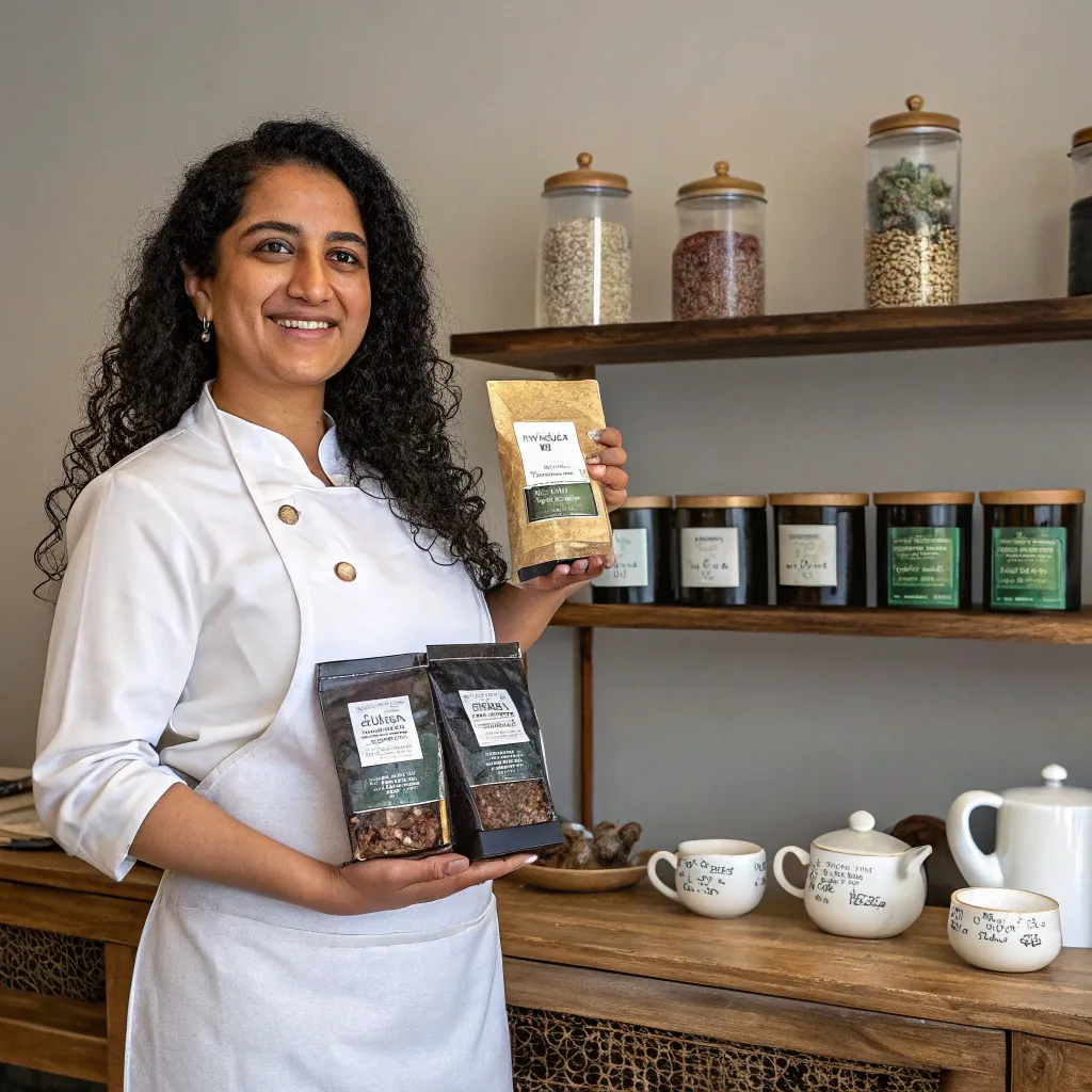 Tea specialist Sophia Patel with her tea products